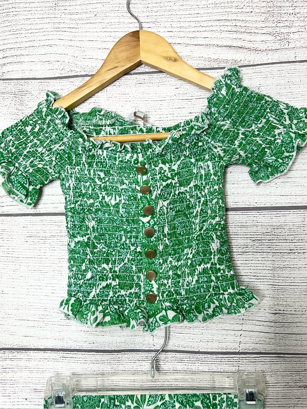 Olivaceous Green & White Floral Smocked Crop Top & Midi Skirt Set Size Small - Picture 2 of 16